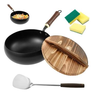 Imagem de bigjvbfv Frigideira de ferro não revestida com tampa de madeira, frigideira de ferro grande antiaderente forjada, panela grossa não revestida com espátula e esponjas para fritar, estufar e refogar