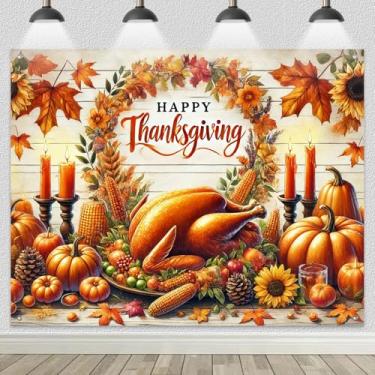 Imagem de BlissYard Faixa de fundo de Ação de Graças, 2,4 x 1,8 m, peru assado, abóboras, milho, girassóis, vela, guirlanda, outono, colheita, fundo para decoração de cabine de fotos em ambientes internos e
