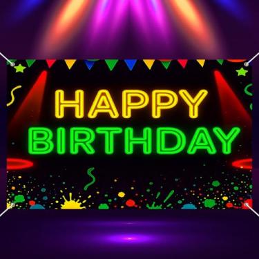 Imagem de BlissYard Banner neon feliz aniversário 188 x 109 cm brilha no escuro cenário decoração de festa coroa presentes de salto alto balões decoração de festa luminosa para meninas ou meninos presentes