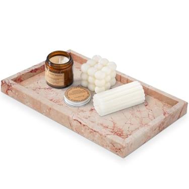 Imagem de XINFUHUA Elegante bandeja de mármore rosa longa – organizador retangular de banheiro para joias, perfume e maquiagem | Bandeja decorativa de pedra para cômoda, bancada, decoração de casa (rosa, 30 x