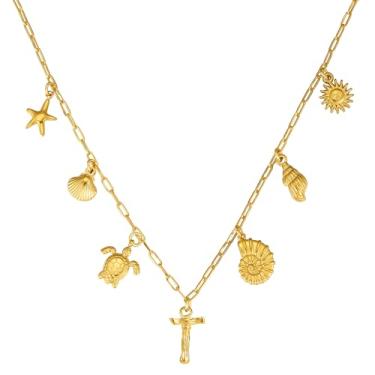 Imagem de Yanxyad Colar feminino à prova d'água de aço inoxidável de ouro 18 quilates com inicial de concha de praia com pingente fofo delicado e moderno para presente com clipe de papel 40,6 cm + 7,6 cm