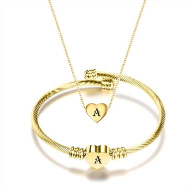 Imagem de MYNENEY NIBASTAR Colar e Pulseira com Nome de Coração para Mulheres Aço Inoxidável A-Z Letras Iniciais Declaração Conjunto de Joias para o Dia das Mães, 22" chain, Aço inoxidável, Sem Pedra Preciosa