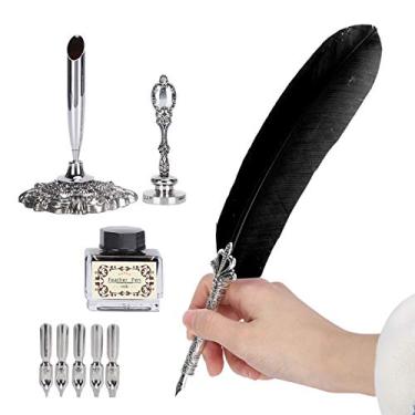 Imagem de AYNEFY Conjunto de Canetas de Pena Vintage, Caneta de Merda de Redação Retro Com 6 Pontas de Reposição de Caligrafia do Conjunto de Caneta de Caneta de Decoração de Decoração de (Preto)