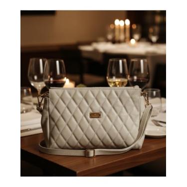 Imagem de Bolsa de Couro Feminina Isabela Couro Genuíno Matelassê Zíper Anacardi (Off-White)