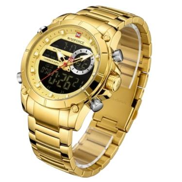 Imagem de Relógio Masculino Dourado Aço Inoxidável Display Duplo Analógico Quartz Digital Casual Luxo Resistente Robusto