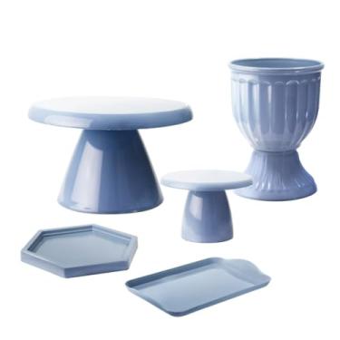 Imagem de Kit Mesa Decorada com Boleira Cogumelo e Acessórios – Vaso, Bandeja e Mini Peças (Azul Gris)