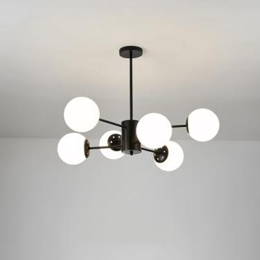 Imagem de Lustre de vidro leitoso moderno de meados do século, semi-embutido, Sputnik, luz de teto, dourado, preto, estilo fazenda, rústico, pendente, para sala de estar, quarto, mesa de jantar, ilha