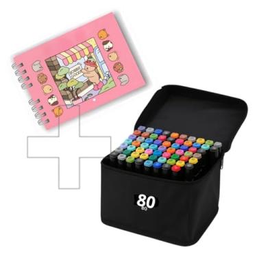 Imagem de Kit Caneta Marcador 80 Cores Ponta Dupla + Livro De Colorir capa ROSA A5 50 Folhas 180G Capa Dura – Arte Criativa Para Todos: Crianças, Estudantes E Artistas