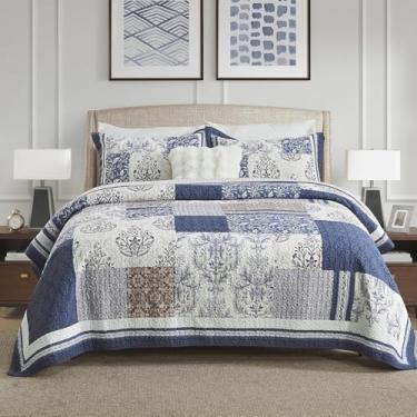 Imagem de DUOHONG Conjunto de colcha 100% algodão tamanho Queen – edredom acolchoado floral, colcha queen botânica, reversível, vintage, para cama Queen, 3 peças, azul/bege