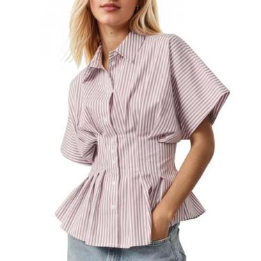 Imagem de Camisa feminina Soamat listrada com botões e manga curta roxa