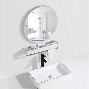Imagem de Espelho de banheiro montado na parede espelho penteadeira metal ed HD parede com prateleira círculo decorativo pendurado barbear para sala de estar corredor 50 cm
