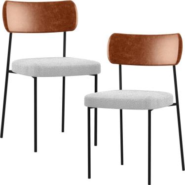 Imagem de Kit 02 Cadeiras Estofadas Para Sala De Jantar Melina L02 Couríssimo Camel Bouclê Cinza - Lyam Decor