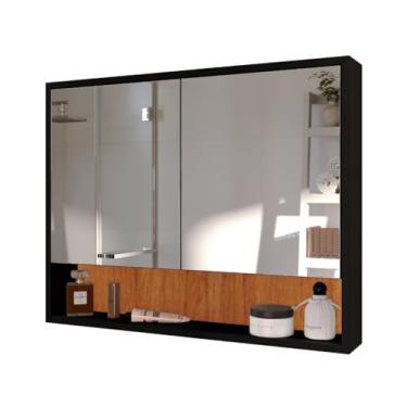 Imagem de Armário Banheiro com Espelho, Armário de Banheiro com Espelho Largura 68cm com Duas Portas Suspenso de Parede(Preto Nature)