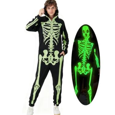 Imagem de Halloween Skeleton Costume for Men Glow in the Dark Halloween Costume Adult Skull Skeleton Pajama Themed Party Onesie Hooded Jumpsuit Invisible Zip One-piece Costume Set Black & Fluorescent Green, XXL