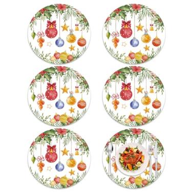 Imagem de Tarklanda Jogo americano de Natal, conjunto de 6, tapetes de mesa redondos laváveis de vinil de 33,4 cm, bolas de Natal, aquarela, jogos americanos de plástico para férias, jantar, cozinha, inverno