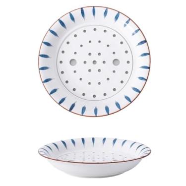 Imagem de Kamelar. Placa de bolinho de massa de cerâmica de grama azul de base branca de lava de 25,4 cm, design perfurado de camada dupla, pode conter sashimi, frutas e gelo seco (padrão de folha de grama azul