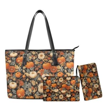 Imagem de Coldinair Bolsa de mão personalizada com alça superior para mulheres, bolsa de ombro de couro, bolsa de trabalho, 3 peças para mulheres e meninas, Abóbora de ação de graças, girassol, Medium