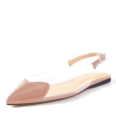 Imagem de Fravonkass Sapatilhas femininas modernas com bico de coração transparente em PVC com bico fino preto chique e bico fino transparente para encontros e escritório sapatos rasos para mulheres, Nude., 38