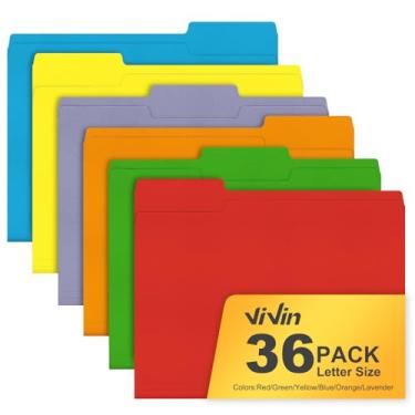 Imagem de ViVin Pastas de arquivo, serve para papel tamanho carta de 21 x 27 cm, abas cortadas em 1/3, pacote com 36 pastas de arquivos coloridas, perfeitas para casa, escritório e documentos escolares