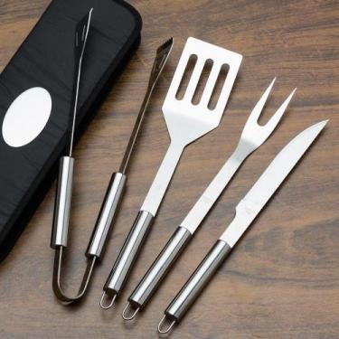 Imagem de Kit Churrasco 4 peças com Faca Garfo Espatula e Pegador - BBK, Prata