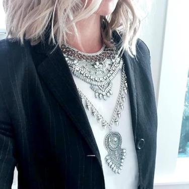 Imagem de Colar longo com franja grossa, boho, moeda, vintage, cigano, boêmio, étnico, tribal, gargantilha retrô para mulheres, Standard, Metal, Sem Pedra Preciosa