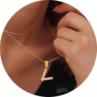 Imagem de Colar feminino com inicial CZ em camadas, pingente delicado de letra A a Z, joia banhada a ouro de corrente dupla, presente personalizado, 14+2in/16+2in, Aço inoxidável, Sem Pedra Preciosa