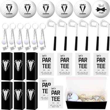 Imagem de IWOLOMI Conjunto de 6 presentes de padrinho, presente de padrinho, bolas de golfe, abridor de garrafas de golfe com cartões de convite, caixa de presente para casamento, melhores homens, presentes DIY