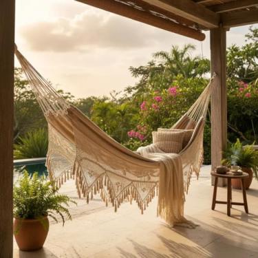 Imagem de Rede de Dormir Casal Artesanal Macramê, Areia, 4,20m x 1.50m, Algodão, Suporta 200kg, Estilo Ostra com Acabamento feito a Mão