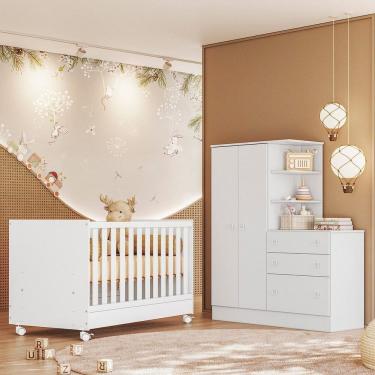 Imagem de Quarto para Bebê Completo Roupeiro com Cômoda e Berço Doce Sonho Branco