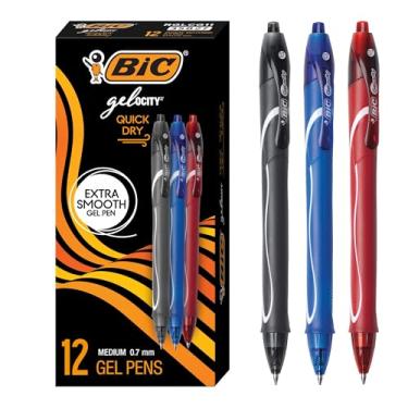 Imagem de Canetas de gel retrátil de secagem rápida da BIC, ponta média, 0,7 mm, preto/azul/vermelho, preto/azul/vermelho, tintas vermelhas/vermelhas, pacote com 12
