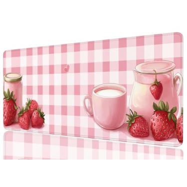 Imagem de Lindo mouse pad xadrez rosa grande morango leite kawaii mousepad GG grande gaming mouse pad laptop teclado mesa escritório computador teclado laptop casa, 31,5 x 11,8 polegadas