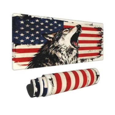 Imagem de CANFLASHION Tapete de mouse com bandeira americana, tapete de mesa de escritório 80 x 28 cm, mouse pad grande para jogos com design de lobo, GG estendido à prova d'água para computador com base de