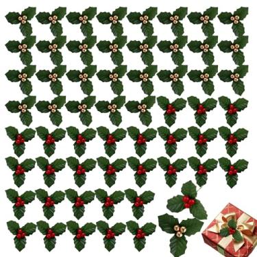 Imagem de 60 peças de bagas de azevinho de Natal para artesanato, palitos florais de Natal com folhas de azevinho, flores de inverno artificiais para guirlanda faça você mesmo, enchimento de vaso, embrulho de