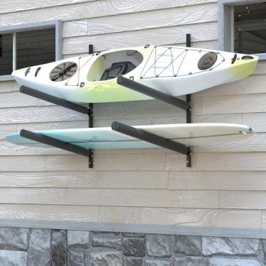 Imagem de FitiRoker Rack de armazenamento de parede de caiaque de 2 níveis – Prancha de remo resistente ajustável e rack de caiaque para garagem, organizador de montagem em parede interno/externo, capacidade de