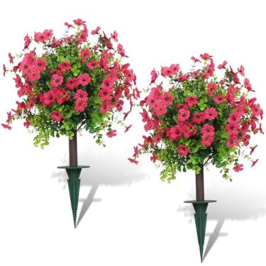 Imagem de SDDFGIOYW Conjunto de 2 arbustos artificiais para atividades ao ar livre resistentes a UV para varanda varanda pátio jardim decoração de quintal 17,7 polegadas (rosa vermelha)