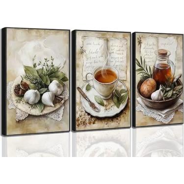 Imagem de 3 peças de arte de parede vintage country cozinha rústica azeite de oliva e alho café chá de ervas pintura de imagem decoração de parede pôster impressão arte para cozinha sala de jantar decoração de
