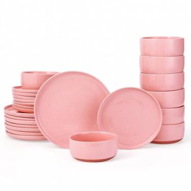 Imagem de GZG Conjunto de pratos e tigelas, conjunto de 24 peças de louça de cerâmica moderno para 4, conjunto de pratos de cozinha e jantar, conjunto de louça de grés, seguro para micro-ondas e lava-louças