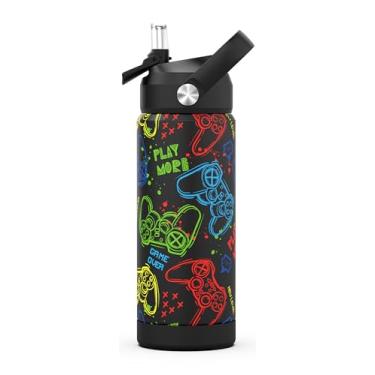 Imagem de Ntswasd Garrafa de água para meninos com canudo, copos com isolamento de 510 g de aço inoxidável à prova de vazamento para escola, esporte e viagem (jogo)