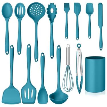 Imagem de Homikit Conjunto de utensílios de cozinha de silicone, 15 peças, antiaderentes e resistentes ao calor, conjunto de espátulas de utensílios de cozinha com suporte, utensílios de cozinha, itens