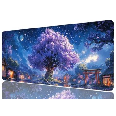 Imagem de Cherry Blossoms Mouse pad estendido anime roxo flores mousepad GG grande gaming mouse pad laptop teclado pad mesa escritório computador teclado laptop casa, 31,5 x 11,8 polegadas