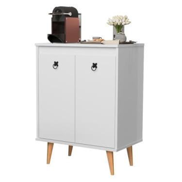 Imagem de Aparador Buffet Sala 2 Portas e Pés Retrô, Hall de Entrada ou Cantinho do Café - Cor Off White/Freijó - 80x59,5x36 cm(Branco)