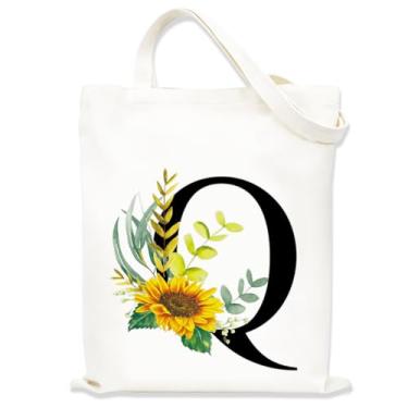 Imagem de Sacolas de lona estampadas para mulheres, sacolas de compras de lona, sacola de compras reutilizável para viagens, compras, trabalho, academia - Letra Q