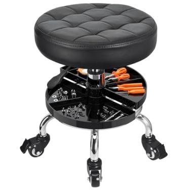 Imagem de JOSTZHXIN Cadeira de garagem para mecânico, cadeira de loja com rodinhas e altura ajustável, bancos baixos com bandeja de armazenamento, banco com rodinhas para tatuagem de spa de salão (estilo 1)