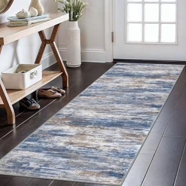 Imagem de KOZYFLY Tapetes de corredor abstratos modernos 5 x 15 cm azul ferrugem lavável na máquina tapete para quarto, tapete antiderrapante para sala de estar, tapete de escritório macio de lã sintética para