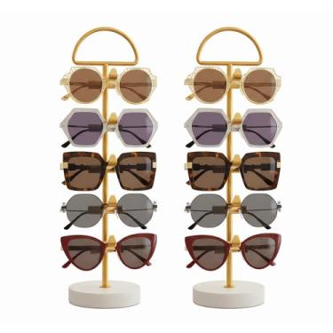 Imagem de Suporte organizador de óculos de sol para 5 pares, suporte para armazenamento de óculos de sol (dourado, base de madeira - 2 peças)