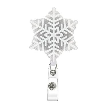Imagem de Carretel de crachá de floco de neve, porta-crachás de Natal, retrátil, brilhante, glitter, com clipe jacaré, Natal, inverno, prata, floco de neve, fofo, cartão de identificação, acessórios de crachá