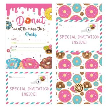 Imagem de EVBEA 24 peças de convites de festa de aniversário com envelopes cartões de convite de donut e adesivos para meninas, meninos, crianças, decoração de festa suprimentos