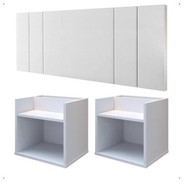 Imagem de Kit 2 Mesinhas Suspensa Prateleira Nicho Madri Retrô Cabeceira Estofada Módulo Cama Box Casal Luana Queen 1,60 Branco
