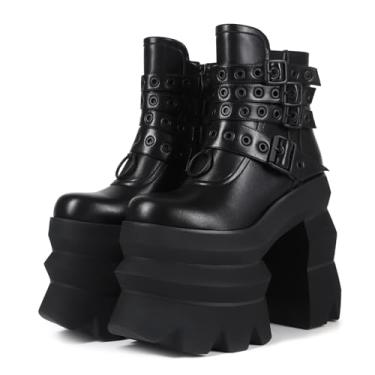 Imagem de Frankie Hsu Bota de salto alto plataforma gótica, preta, fivela escura, punk gótica, Y2K, botas femininas, Preto, 38