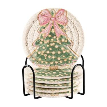 Imagem de Blueangle Porta-copos de 6 peças de árvore de Natal com laço rosa - tecido redondo super absorvente para proteção de mesa e decoração de casa (182)